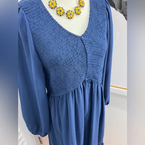 Zwurew V Neck Long Sleeve Rouched Bodice Dress in Navy Blue, Size XL - Picture 8 of 10